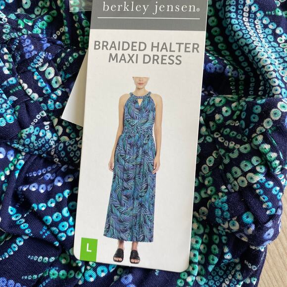 Berkley Jensen Women Braided Halter Maxi Dress M Blue Tropical Palm Stretch NWT‎ - Picture 5 of 10